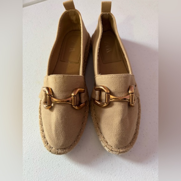 Zara Shoes - ZARA Tan Canvas Espadrilles with Gold Bit Loafers Size 37 / 7 NWOT